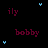 Pixelated text 'ily' and 'bobby' in maroon with light blue heart symbols on black background.