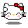 Pixel art of a white cat face with red bow, yellow nose, pink cheeks, and black whiskers on gray background.