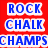 Red background with blue text reading ROCK CHALK CHAMPS next to a pixelated bird mascot in blue, yellow, and red.