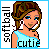 Pixelated cartoon-style icon of a woman with brown hair in an updo, wearing a light blue sleeveless top and white earbuds, standing against a white background with black text reading "softball" on the left and "cutie" at the bottom.
