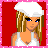 Pixel art contact sheet showing three frames of a female character in white and pink attire against red background with pink border.