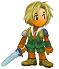 Pixelated character with blonde hair and orange face holds a blue sword, wearing green shorts and brown boots, with red tassels on the sword hilt.
