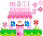 Pixel art contact sheet of a 5-frame animated AIM buddy icon showing a pink house with changing facial expressions and flower positions across frames.