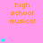 A static image with a pink background displays repeated orange text 'high school musical' and cyan heart symbols in a pattern
