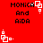 Red background with black text reading "MONICA And AIDA" and white pixelated square animations in four corners.
