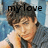 Pixelated image of a person with short dark hair wearing a white shirt, with the text 'my love' overlaid in black block letters.