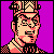 Pixel art portrait of a character with pinkish skin, black hair, and glasses against a solid purple background, featuring checkered patterns on the headpiece and shoulders.
