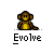Animated contact sheet showing 16 sequential frames of a pixel art buddy icon evolving from monkey to human using computer, with "Evolve" text below each frame.