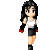 Pixel art animation of a female character with long black hair, red eyes, and gray tank top in six sequential frames showing movement across a gray background.
