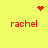 Yellow background with four red 'rachel' text blocks and three distinct pixelated symbols: a heart, a starburst, and a scattered dot pattern.