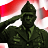 Static pixelated image of a soldier in green uniform saluting against red and white background.