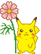 A 3x3 contact sheet of pixel art frames showing a yellow Pokémon character holding a pink flower with green stem and leaves, each frame displaying slight variations in pose and expression against a gray background.