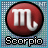 Red circular icon with white Scorpio symbol and text 'Scorpio' below, set against a blue dotted background.