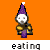Animated contact sheet of a cartoon gnome eating chocolate, displayed in 5x5 grid with orange background and white text labels beneath each frame.