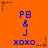 Blue text 'PB & J' above blue 'XOXO' on orange background with black and brown star-shaped corner markers.