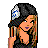 Pixelated cartoon character with long brown hair and black cap wearing dark top, next to pixelated text on white background.