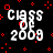 Animated pixel art displays 'Class of 2009' text with red geometric shapes on black background, transitioning to a gray rectangle.
