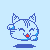 Six pixel-art cat icons in blue tones on light blue background, each with distinct pose and expression variations.