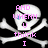 Pixelated skull with black eye patch and blue eye, crossed bones on black background, pink text overlays reading AND WHENN U think I you're stuck in my headd :hink again.