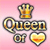 Pixelated icon with pink gradient background featuring a crown, 'Queen of' text, and heart symbol in gold and brown tones.