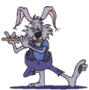 Animated cartoon rabbit in blue overalls plays a wooden flute, shifting poses across with varying leg positions and foot placement
