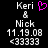 Static pixel art displays text 'Keri & Nick 11.19.08 <33333' with a pink heart symbol replacing the ampersand in one version.