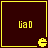 Dark brown square with yellow border containing pixelated text and a small animated Pac-Man-like character.