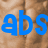 Blue lowercase letters 'abs' on a pixelated brown background with visible texture.