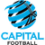 Blue and black pixelated circular icon with swirling patterns above the text "CAPITAL" in blue block letters on a gray background.