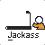 Pixelated character with white head and orange body performs sequential actions under black lamp on gray background, text 'Jackass' below.
