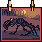 Pixel art of a dark, multi-limbed creature with glowing yellow eyes and blue accents on its body, positioned in front of a sunset landscape with two hanging lanterns.