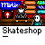 Pixel art scene with three identical characters in a skateshop setting, each holding speech bubbles containing distinct text phrases.