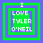 Four identical pixelated icons arranged in a , each displaying "I LOVE TYLER O'NEIL" text with layered green and blue borders