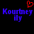 Pixelated blue text 'Kourtney Kourtney' with smaller 'ily' below, red heart symbol above on black background.