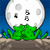 A pixelated moon with a face and green grass-like appendages on a blue background, showing sequential facial expression changes across three