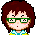 Pixel art character with brown hair and green glasses shows changing expressions and sweat drops across frames.