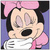 Pixelated cartoon icon of a female mouse character with black ears, pink bow, and white dress against purple background.