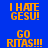 Blue background with orange pixelated text reading "I HATE GESU!" and "GO RITAS!!!" in a pattern