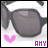 Pixelated icon shows dark sunglasses with white frame on light background, pink heart symbol below left, and magenta text 'AMY' at bottom right.