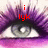 A pixelated close-up of a human eye with purple eyelashes and pink eyeshadow, overlaid with red text fragments.