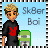 Pixel art contact sheet showing two frames of an animated buddy icon with a cartoon character holding a skateboard and text changing from gray to green.