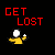 Pixelated character in yellow shirt with white head and hand gestures, red text 'GET LOST' or partial variants above on black background.