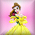 Pixelated static image of a cartoon princess in yellow gown against pink background with visible dithering and color blending.
