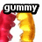 Animated icon shows two gummy bear figures in red and yellow, with text changing from 'gummy' to 'love' over time.