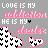 Gray background with repeated text and heart symbols in pink, white, and black.
