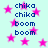 Light cyan background with scattered pink stars and repeated blue text 'chika' and 'boom' in pixelated font.