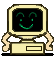 Pixelated computer monitor with green smiley face, beige body, and arms holding a black telephone receiver in various positions.