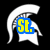 White Spartan helmet icon with yellow text on blue background, showing partial words 'St.', 'ermain', and 'Trojans' across frames.