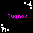 Pixelated white geometric shapes and pink text 'Rugnex' on black background, with multiple identical static frames showing the same composition.