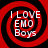 Four identical red and black spiral patterns with white text reading "I LOVE EMO Boys" arranged in a
